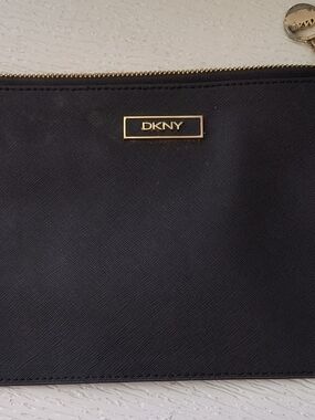 DKNY Black Leather Zip Pouch with Gold Hardware